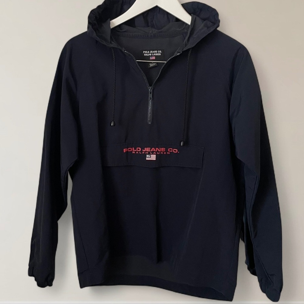 Polo Ralph Lauren Vintage 90s Quarter Zip Logo Flag Pullover Hoodie Jacket